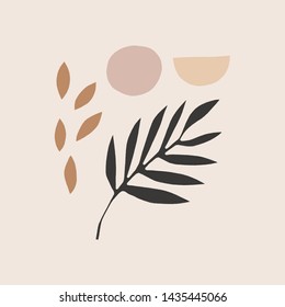 Mid century abstract shapes decorative background or layout, creative universal aesthetic floral card. Scandinavian camel colors palette, vector EPS.