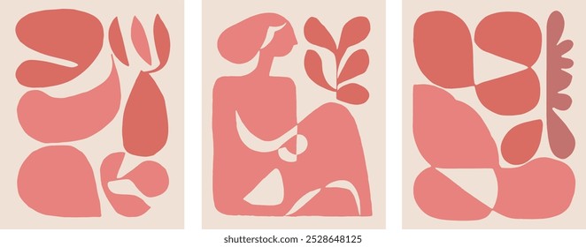 Arte botánico abstracto de la mujer de mediados de siglo, colores malva rosados, conjunto de Ilustración vectorial de diseño minimalista de 3	