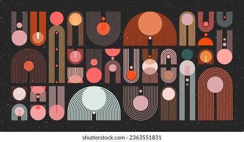 Mid century arch, circle elements, modern geometric shapes with grunge texture. Contemporary design, minimalist art. Trendy design elements for wall decor, posters, books, covers. Vector illustration