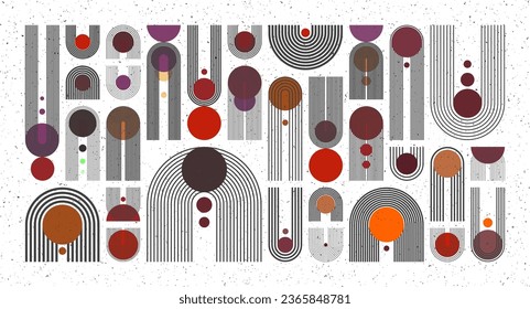 Mid century arch, circle elements, modern geometric shapes with grunge texture. Contemporary design, minimalist art. Trendy design elements for wall decor, posters, books, covers. Vector illustration
