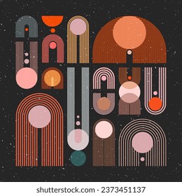 Arco de medio siglo, elementos de círculo, formas geométricas modernas con textura gruesa. Diseño contemporáneo, arte minimalista. Elementos de diseño a la moda para la decoración de las paredes, carteles, libros y portadas. Ilustración del vector