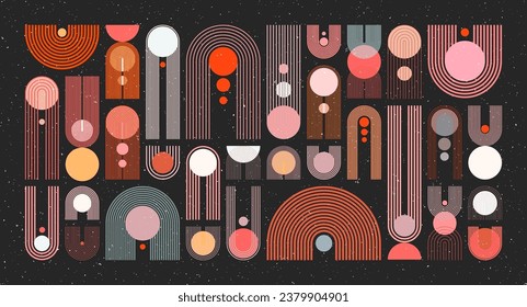 Mid century arch, circle elements, modern geometric shapes with grunge texture. Contemporary design, minimalist art. Trendy design elements for wall decor, posters, books, covers. Vector illustration