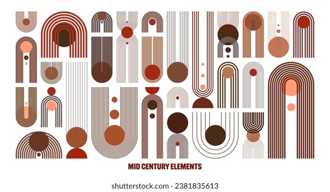 Mid century arch and circle elements, modern geometric shapes. Contemporary design, minimalist art. Trendy design elements for wall decor, posters, books, covers and flyers. Vector illustration