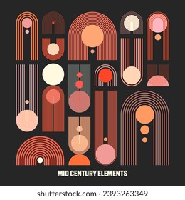 Mid century arch and circle elements, modern geometric shapes. Contemporary design, minimalist art. Trendy design elements for wall decor, posters, books, covers and flyers. Vector illustration