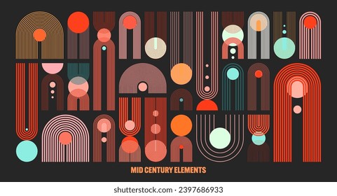 Mid century arch and circle elements, modern geometric shapes. Contemporary design, minimalist art. Trendy design elements for wall decor, posters, books, covers and flyers. Vector illustration