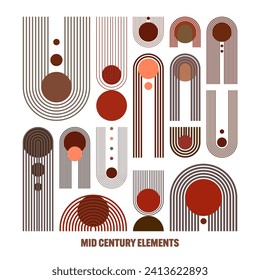 Mid century arch and circle elements, modern geometric shapes. Contemporary design, minimalist art. Trendy design elements for wall decor, posters, books, covers and flyers. Vector illustration