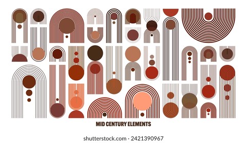Mid century arch and circle elements, modern geometric shapes. Contemporary design, minimalist art. Trendy design elements for wall decor, posters, books, covers and flyers. Vector illustration