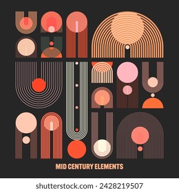 Mid century arch and circle elements, modern geometric shapes. Contemporary design, minimalist art. Trendy design elements for wall decor, posters, books, covers and flyers. Vector illustration