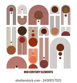 Mid century arch and circle elements, modern geometric shapes. Contemporary design, minimalist art. Trendy design elements for wall decor, posters, books, covers and flyers. Vector illustration