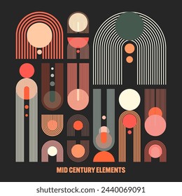 Mid century arch and circle elements, modern geometric shapes. Contemporary design, minimalist art. Trendy design elements for wall decor, posters, books, covers and flyers. Vector illustration