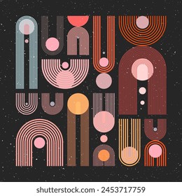 Mid century arch, circle elements, modern geometric shapes with grunge texture. Contemporary design, minimalist art. Trendy design elements for wall decor, posters, books, covers. Vector illustration