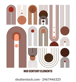 Mid century arch and circle elements, modern geometric shapes. Contemporary design, minimalist art. Trendy design elements for wall decor, posters, books, covers and flyers. Vector illustration