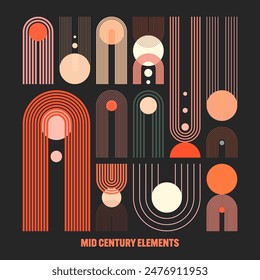 Mid century arch and circle elements, modern geometric shapes. Contemporary design, minimalist art. Trendy design elements for wall decor, posters, books, covers and flyers. Vector illustration