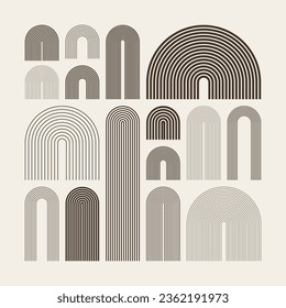 Elementos de arco de mediados de siglo, formas geométricas modernas. Diseño contemporáneo, arte minimalista. Elementos de diseño a la moda para la decoración de las paredes, carteles, libros, cubiertas y folletos. Ilustración del vector