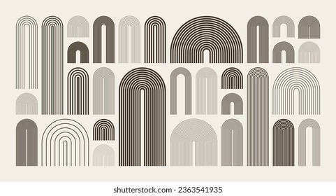 Elementos de arco de mediados de siglo, formas geométricas modernas. Diseño contemporáneo, arte minimalista. Elementos de diseño a la moda para la decoración de las paredes, carteles, libros, cubiertas y folletos. Ilustración del vector