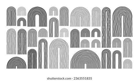 Mid century arch elements, modern geometric shapes. Contemporary design, minimalist art. Hand drawn lines. Trendy design elements for wall decor, posters, books and covers. Vector illustration