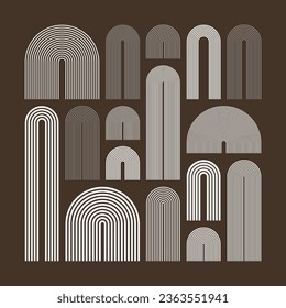 Elementos de arco de mediados de siglo, formas geométricas modernas. Diseño contemporáneo, arte minimalista. Elementos de diseño a la moda para la decoración de las paredes, carteles, libros, cubiertas y folletos. Ilustración del vector