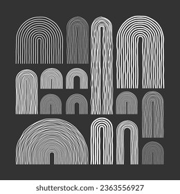 Mid century arch elements, modern geometric shapes. Contemporary design, minimalist art. Hand drawn lines. Trendy design elements for wall decor, posters, books and covers. Vector illustration