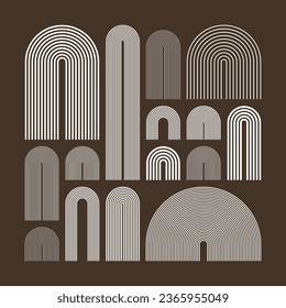 Mid century arch elements, modern geometric shapes. Contemporary design, minimalist art. Trendy design elements for wall decor, posters, books, covers and flyers. Vector illustration