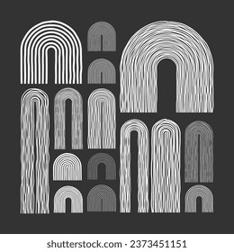 Mid century arch elements, modern geometric shapes. Contemporary design, minimalist art. Hand drawn lines. Trendy design elements for wall decor, posters, books and covers. Vector illustration