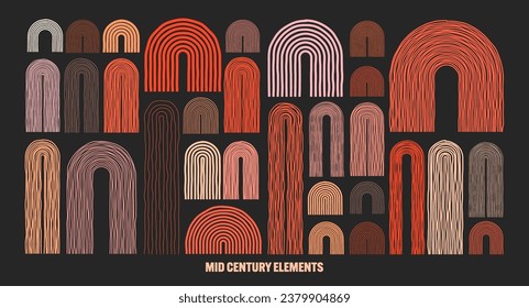 Elementos de arco de mediados de siglo, formas geométricas modernas. Diseño contemporáneo, arte minimalista. Líneas dibujadas a mano. Elementos de diseño de moda para la decoración de las paredes, carteles, libros y cubiertas. Ilustración del vector