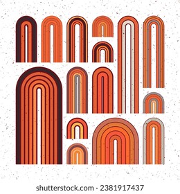 Mid century arch elements, modern geometric shapes, grunge rainbow. Contemporary design, minimalist art. Trendy design elements for wall decor, posters, books, covers and flyers. Vector illustration