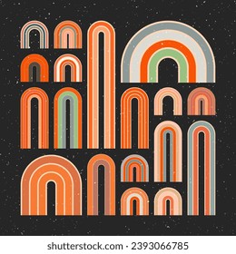 Elementos de arco de mediados de siglo, formas geométricas modernas, arcoíris gruesos. Diseño contemporáneo, arte minimalista. Elementos de diseño a la moda para la decoración de las paredes, carteles, libros, cubiertas y folletos. Ilustración del vector