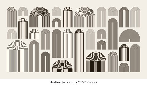 Elementos de arco de mediados de siglo, formas geométricas modernas. Diseño contemporáneo, arte minimalista. Elementos de diseño a la moda para la decoración de las paredes, carteles, libros, cubiertas y folletos. Ilustración del vector