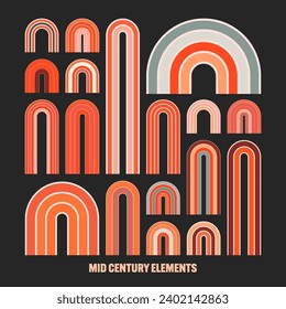 Mid century arch elements, modern geometric shapes, rainbow. Contemporary design, minimalist art. Trendy design elements for wall decor, posters, books, covers and flyers. Vector illustration