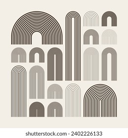 Elementos de arco de mediados de siglo, formas geométricas modernas. Diseño contemporáneo, arte minimalista. Elementos de diseño a la moda para la decoración de las paredes, carteles, libros, cubiertas y folletos. Ilustración del vector