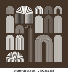 Elementos de arco de mediados de siglo, formas geométricas modernas. Diseño contemporáneo, arte minimalista. Elementos de diseño a la moda para la decoración de las paredes, carteles, libros, cubiertas y folletos. Ilustración del vector