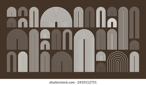 Elementos de arco de mediados de siglo, formas geométricas modernas. Diseño contemporáneo, arte minimalista. Elementos de diseño a la moda para la decoración de las paredes, carteles, libros, cubiertas y folletos. Ilustración del vector