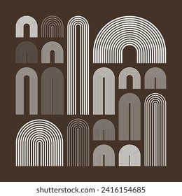 Elementos de arco de mediados de siglo, formas geométricas modernas. Diseño contemporáneo, arte minimalista. Elementos de diseño a la moda para la decoración de las paredes, carteles, libros, cubiertas y folletos. Ilustración del vector