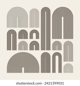 Elementos de arco de mediados de siglo, formas geométricas modernas. Diseño contemporáneo, arte minimalista. Elementos de diseño a la moda para la decoración de las paredes, carteles, libros, cubiertas y folletos. Ilustración del vector