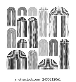 Mid century arch elements, modern geometric shapes. Contemporary design, minimalist art. Hand drawn lines. Trendy design elements for wall decor, posters, books and covers. Vector illustration