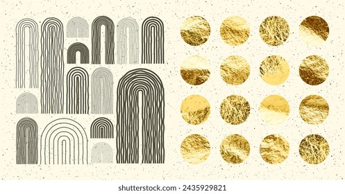Bogenelemente der Mitte des Jahrhunderts, moderne geometrische Formen. Goldfolie, glänzende handgefertigte Kreise. Golden glitzernde Textur, Muster. Modernes Design, minimalistische Kunst. Handgezeichnete Linien. Vektorgrafik