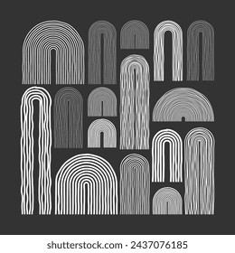 Mid century arch elements, modern geometric shapes. Contemporary design, minimalist art. Hand drawn lines. Trendy design elements for wall decor, posters, books and covers. Vector illustration