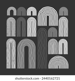 Elementos de arco de mediados de siglo, formas geométricas modernas. Diseño contemporáneo, arte minimalista. Líneas dibujadas a mano. Elementos de diseño de moda para la decoración de la pared, carteles, libros y cubiertas. Ilustración de vector