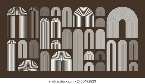 Mid century arch elements, modern geometric shapes. Contemporary design, minimalist art. Trendy design elements for wall decor, posters, books, covers and flyers. Vector illustration