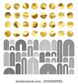 Mid century arch elements, modern geometric shapes. Gold foil, shiny handmade circles. Golden glittering texture, pattern. Contemporary design, minimalist art. Hand drawn lines. Vector illustration