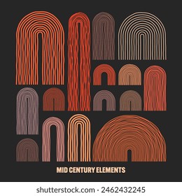 Mid century arch elements, modern geometric shapes. Contemporary design, minimalist art. Hand drawn lines. Trendy design elements for wall decor, posters, books and covers. Vector illustration