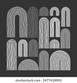 Elementos de arco de mediados de siglo, Formas geométricas modernas. Diseño contemporáneo, arte minimalista. Líneas dibujadas a mano. Elementos de diseño de moda para la decoración de la pared, carteles, libros y cubiertas. Ilustración vectorial