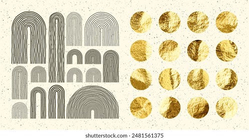 Mid century arch elements, modern geometric shapes. Gold foil, shiny handmade circles. Golden glittering texture, pattern. Contemporary design, minimalist art. Hand drawn lines. Vector illustration