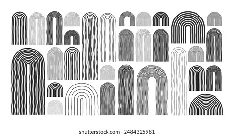 Mid century arch elements, modern geometric shapes. Contemporary design, minimalist art. Hand drawn lines. Trendy design elements for wall decor, posters, books and covers. Vector illustration