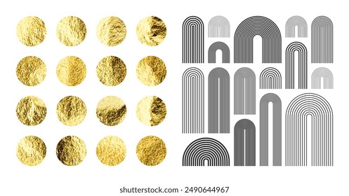 Mid century arch elements, modern geometric shapes. Gold foil, shiny handmade circles. Golden glittering texture, pattern. Contemporary design, minimalist art. Trendy design. Vector illustration