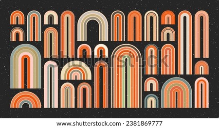 Mid century arch elements, modern geometric shapes, grunge rainbow. Contemporary design, minimalist art. Trendy design elements for wall decor, posters, books, covers and flyers. Vector illustration