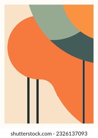 A mid century art print, abstract wall art using a tetradic color palette,  Adobe Illustrator, hand-drawn, digital painting, retro aesthetic, minimalism, postcard or brochure cover design