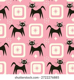 Gatos atómicos de mediados de siglo con cuadrados y estallidos de estrellas atómicas sin patrón sobre fondo rosa. Para la tela, la decoración casera y el Fondo de pantalla 