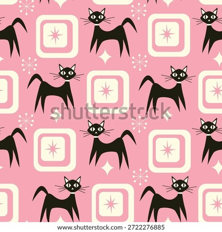 Mid century atomic cats with squares and atomic starbursts seamless pattern on pink background. For fabric, home decor and wallpaper 
