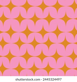 Mid Century Atomic Pink starbursts seamless pattern on orange background. For home décor, wallpaper and textile.